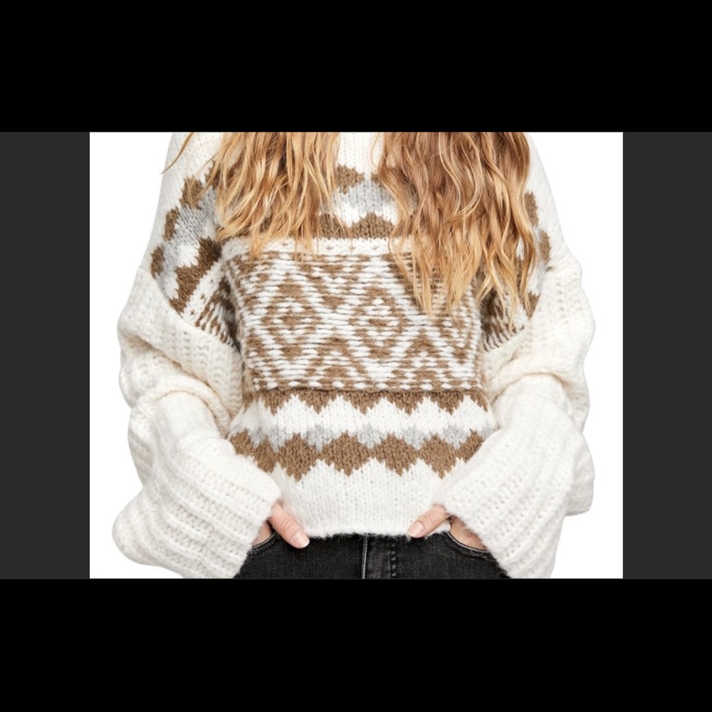 FREE PEOPLE NWT Alpine Pullover Snowy Forest Neutral Alpaca Wool Crop Sweater - Picture 1 of 6